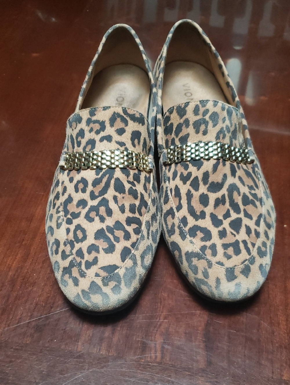 Vionic Leopard Print Suede Flats with Gold Accent